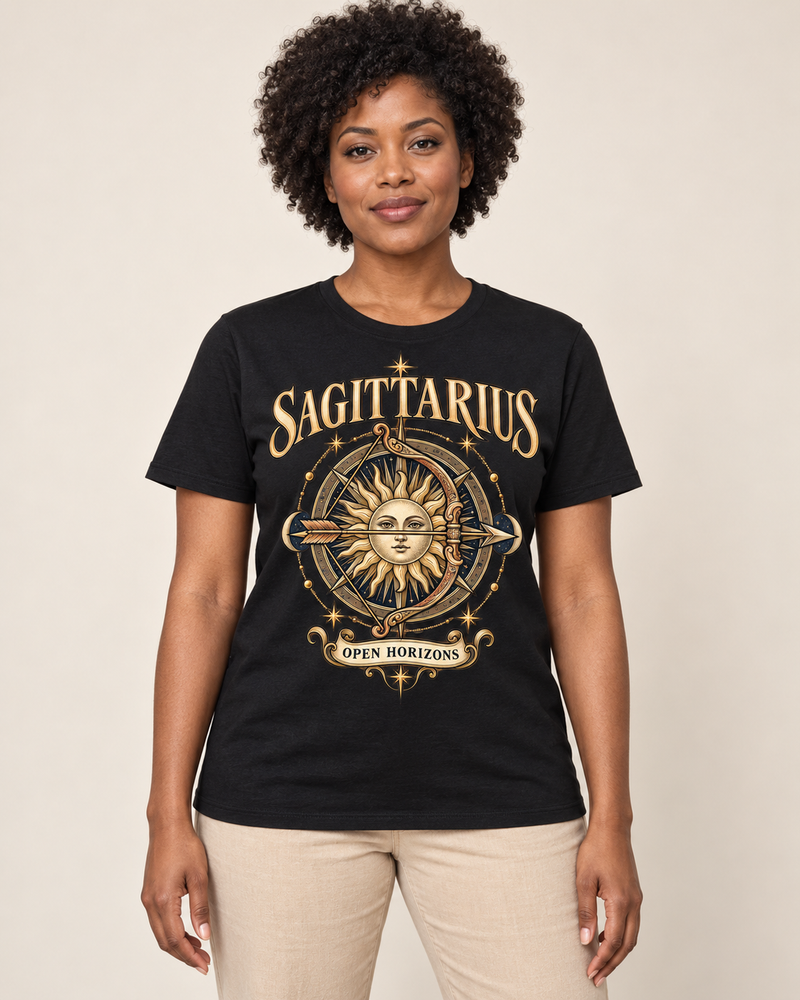 Sagittarius — Open Horizons graphic on a Black regular-fit T-shirt worn by an adult model