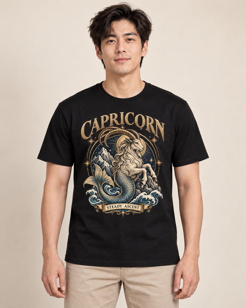 Capricorn — Steady Ascent graphic on a Black regular-fit T-shirt worn by an adult model