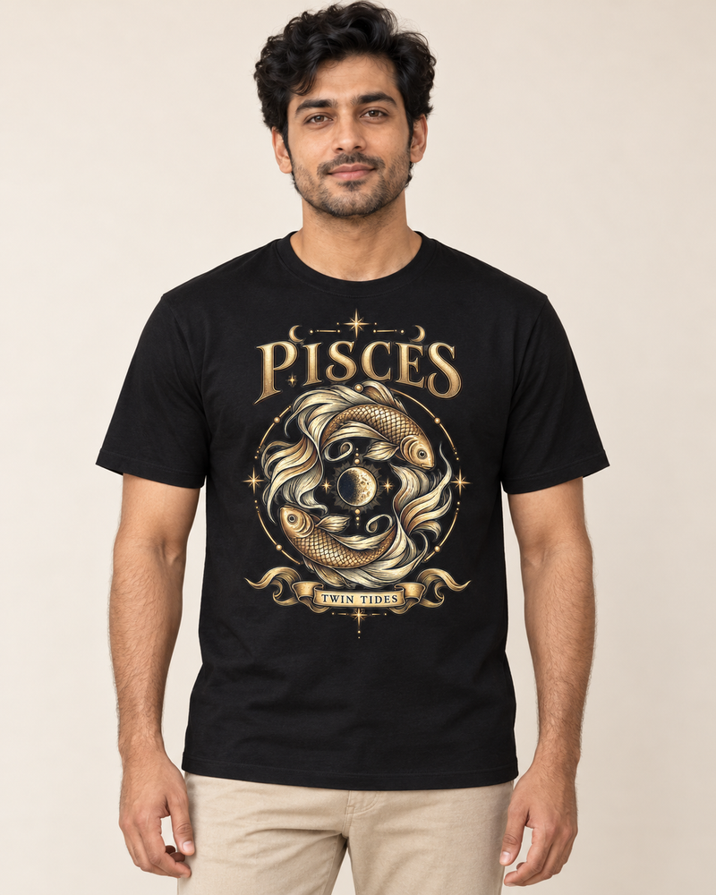 Pisces — Twin Tides graphic on a Black regular-fit T-shirt worn by an adult model