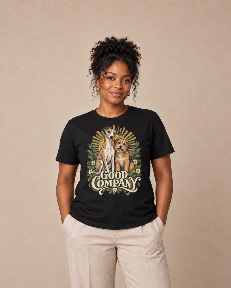 Adult model wearing Good Company on a black regular-fit cotton crewneck T-shirt