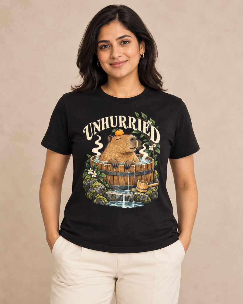 Adult model wearing Unhurried on a black regular-fit cotton crewneck T-shirt