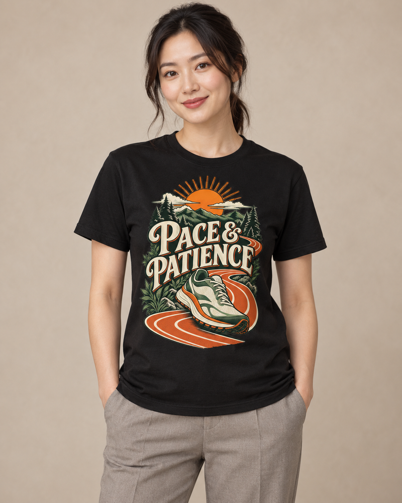 Adult model wearing Pace & Patience on a black regular-fit cotton crewneck T-shirt