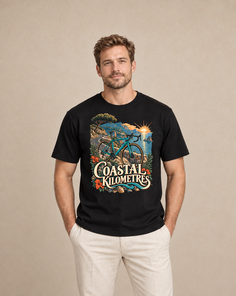 Adult model wearing Coastal Kilometres on a Black regular-fit cotton crewneck T-shirt