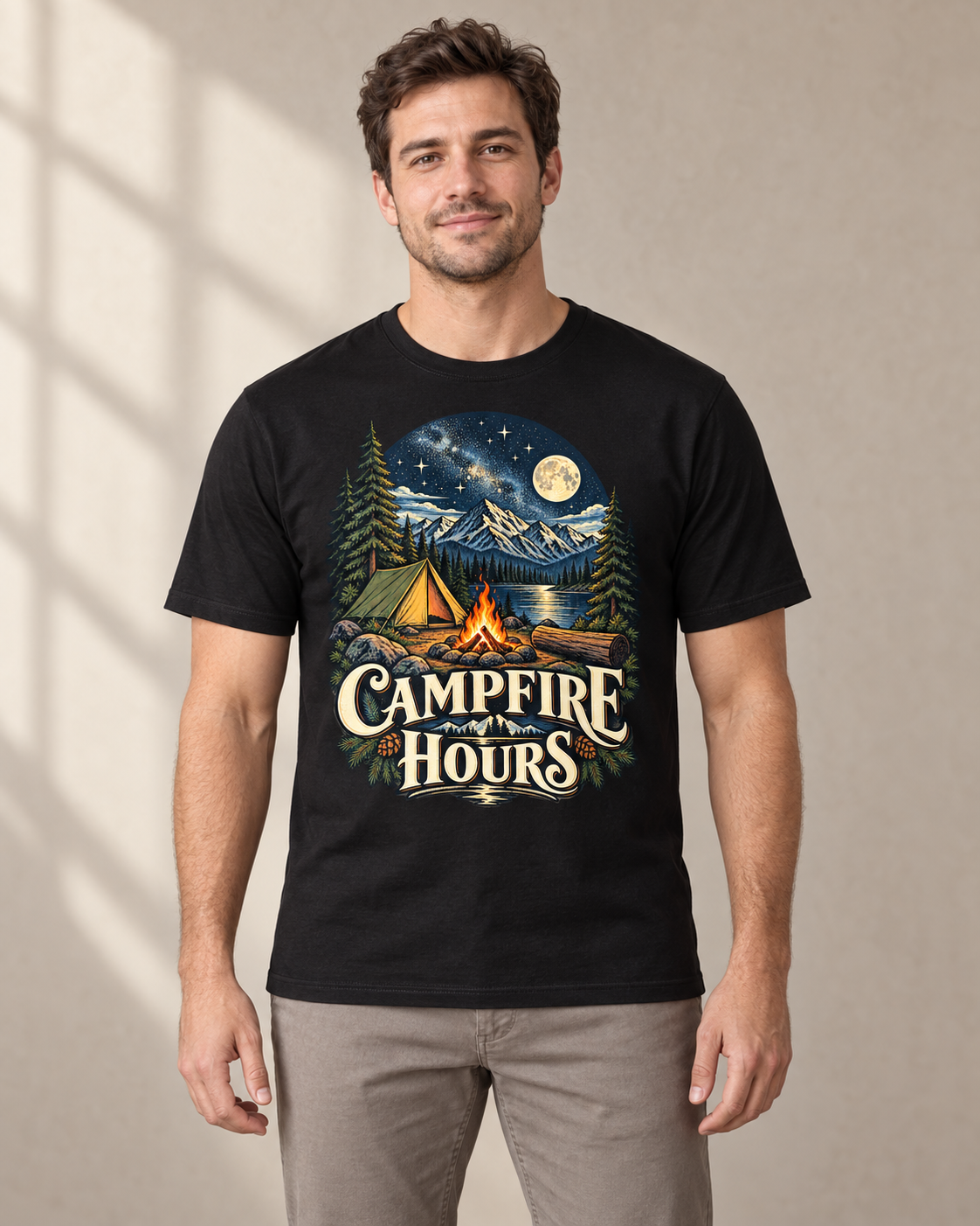 Campfire Hours on a black regular-fit cotton crew neck tee