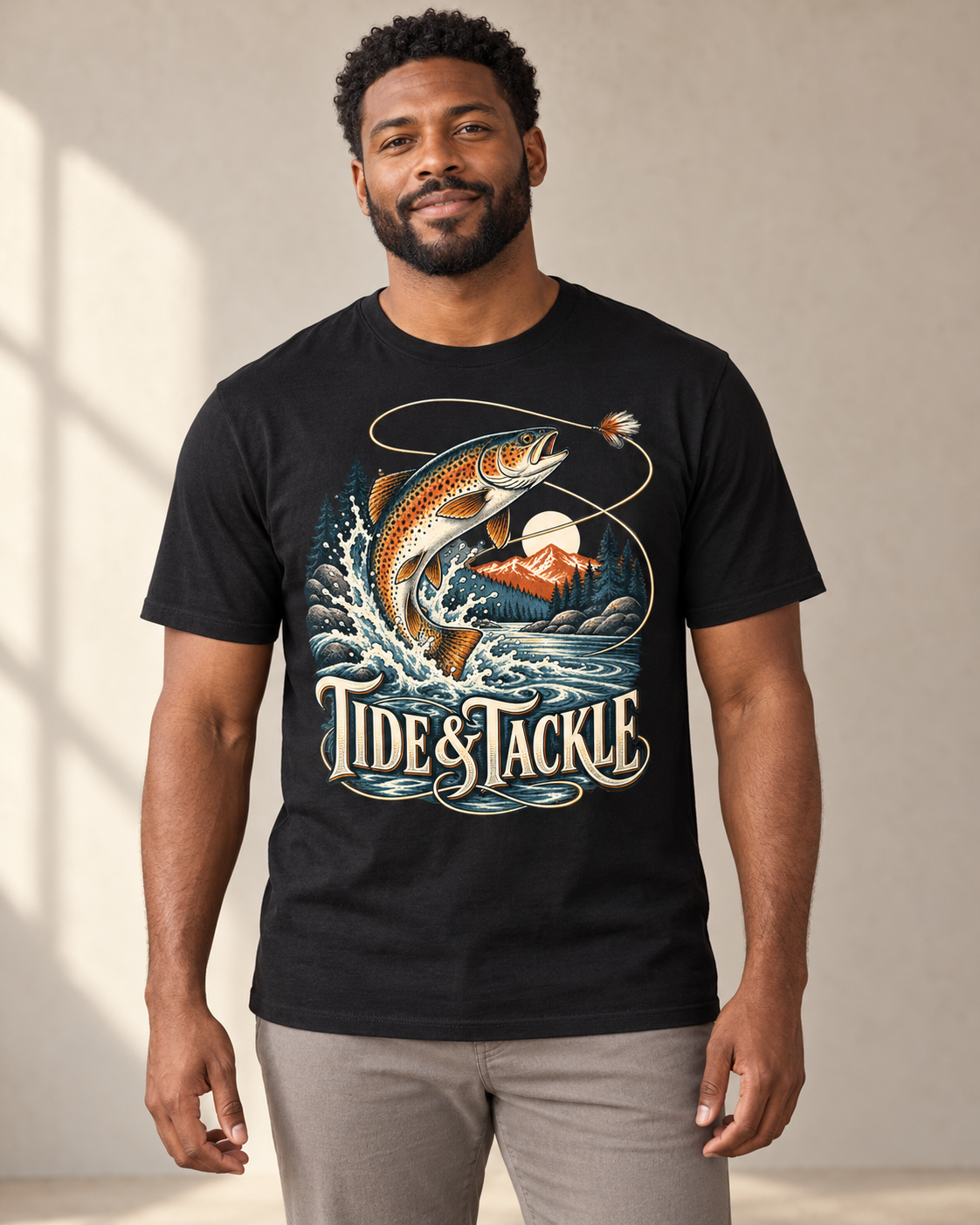 Tide & Tackle on a black regular-fit cotton crew neck tee