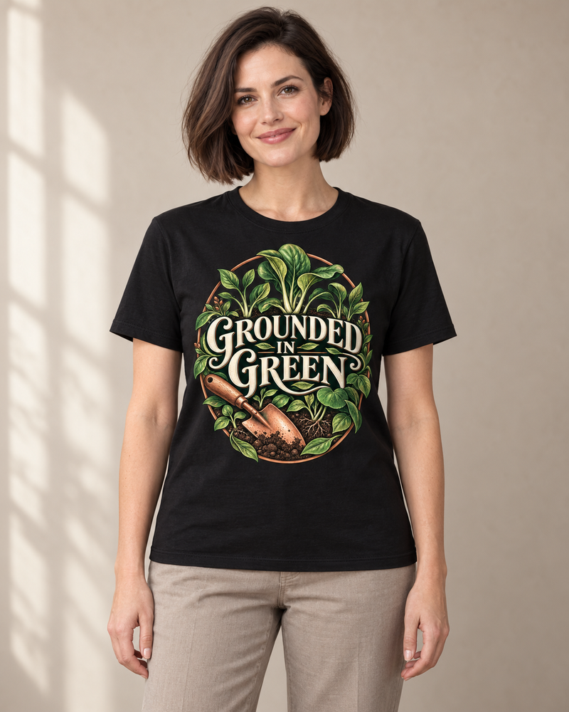 Grounded in Green on a black regular-fit cotton crew neck tee
