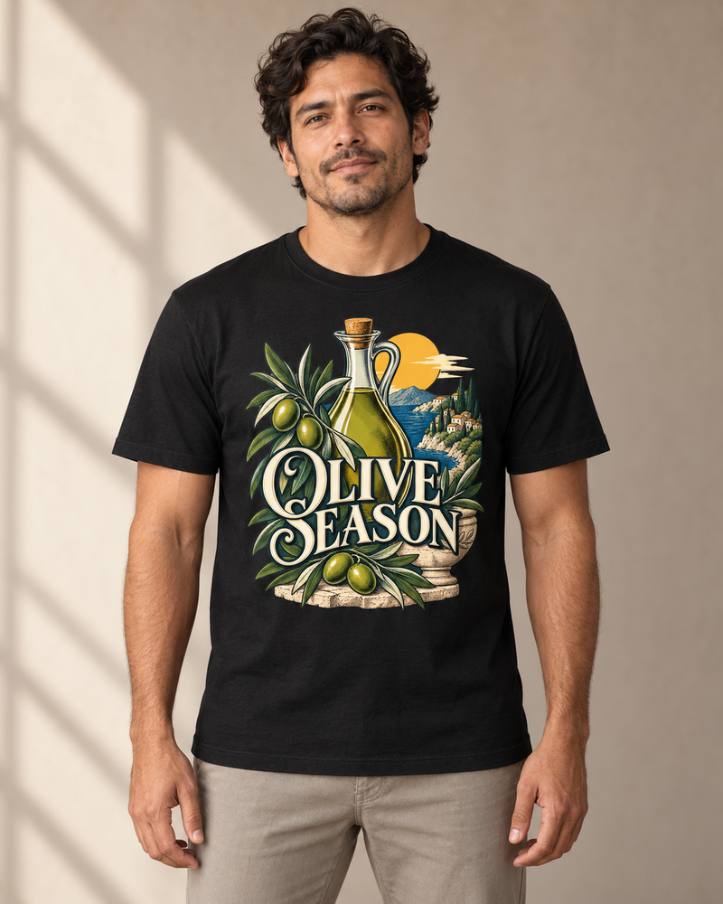 Olive Season on a black regular-fit cotton crew neck tee