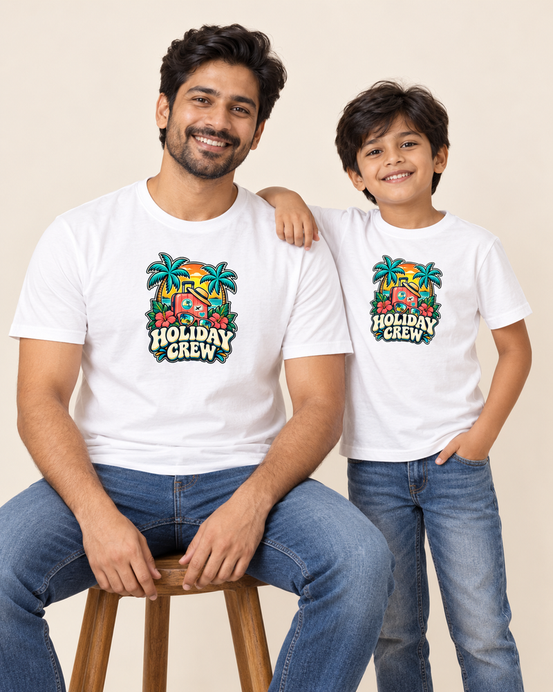 Holiday Crew family matching cotton T-shirts in White, parent and child model preview