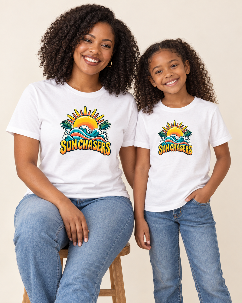 Sun Chasers family matching cotton T-shirts in White, parent and child model preview