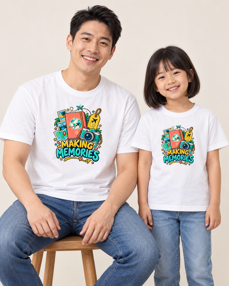Passport to Memories family matching cotton T-shirts in White, parent and child model preview