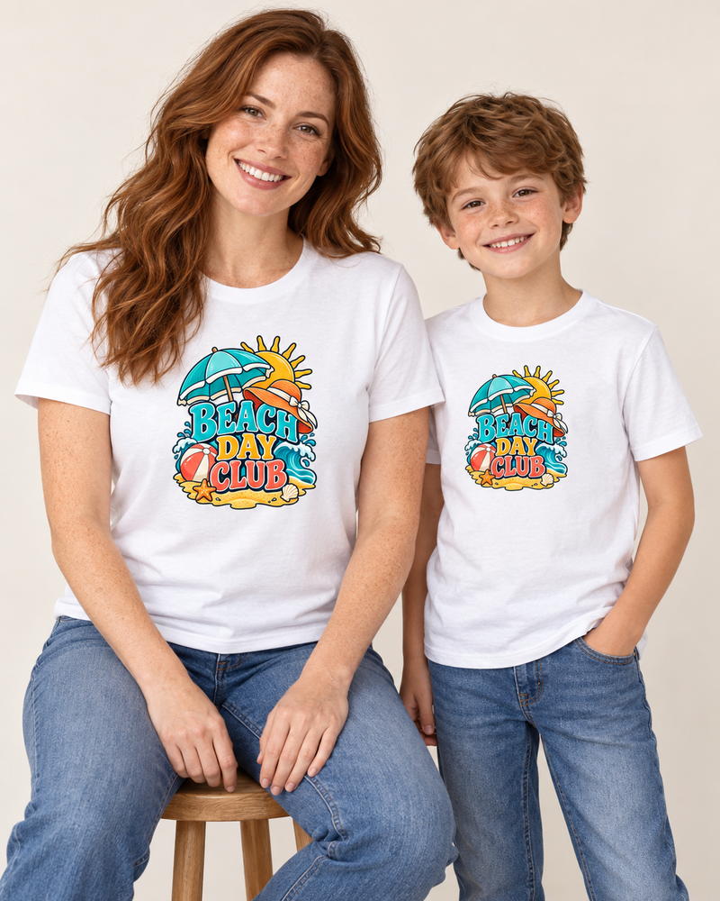 Beach Day Club family matching cotton T-shirts in White, parent and child model preview
