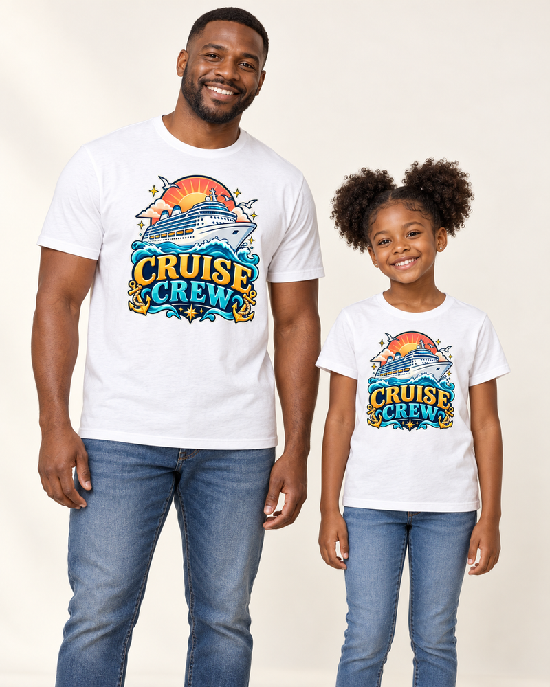 Cruise Crew matching parent and child graphic T-shirts in White