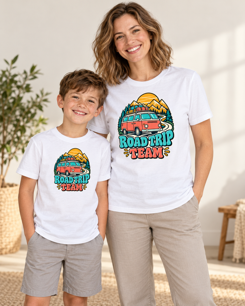 road trip team family graphic T-shirt in White