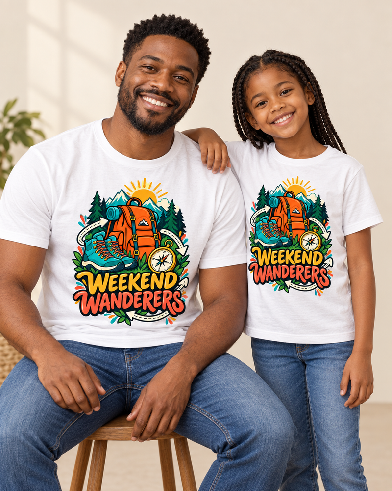 Weekend Wanderers matching family tees in White, parent and child preview