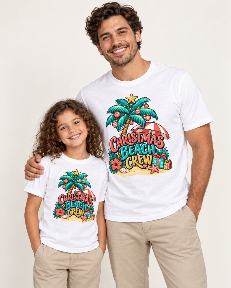Christmas Beach Crew — parent and child in matching White graphic T-shirts