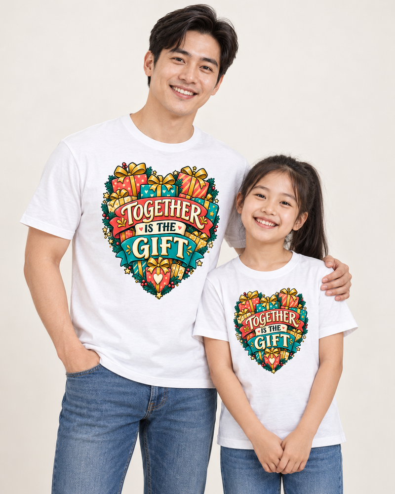 Together Is the Gift — parent and child in matching White graphic T-shirts