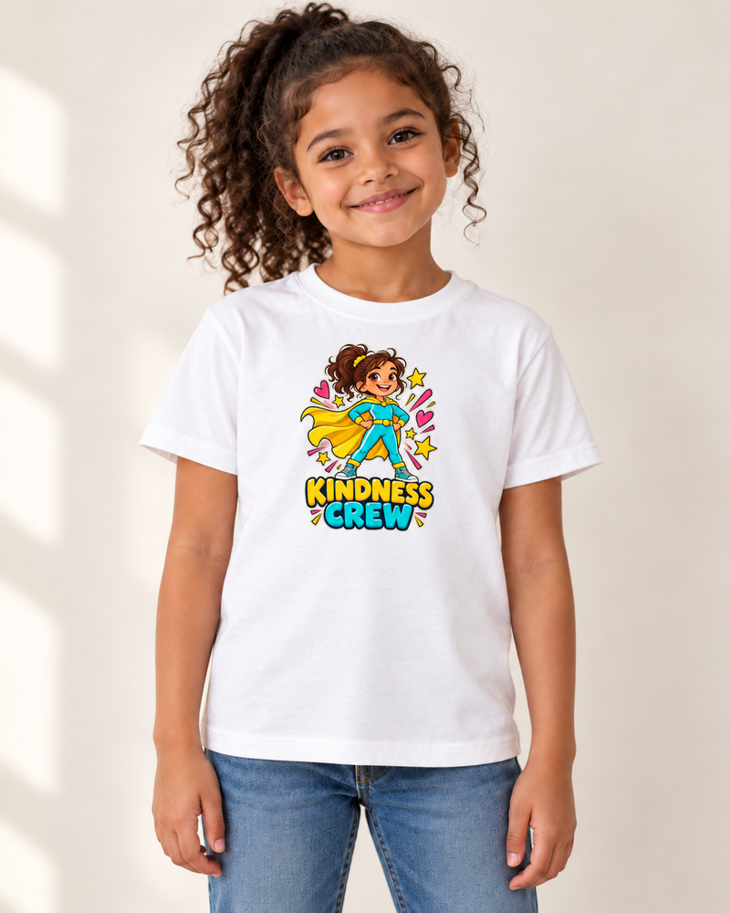 Kindness Crusader kids cotton T-shirt in White, child model wearing KINDNESS CREW artwork