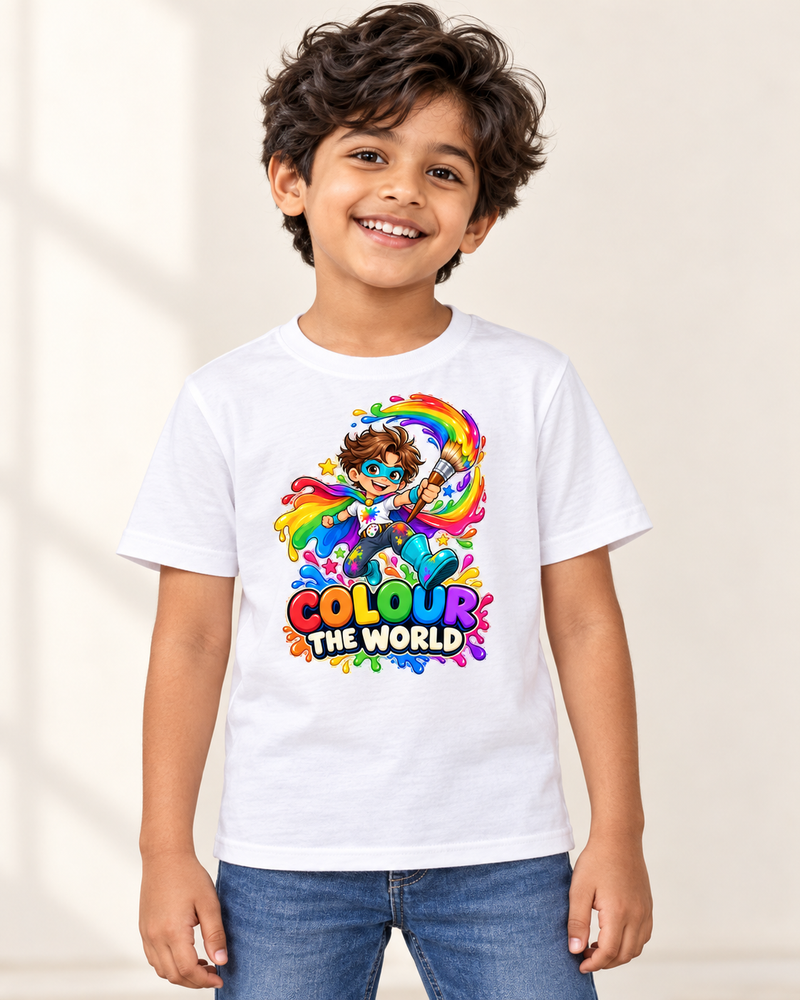 Rainbow Guardian kids cotton T-shirt in White, child model preview