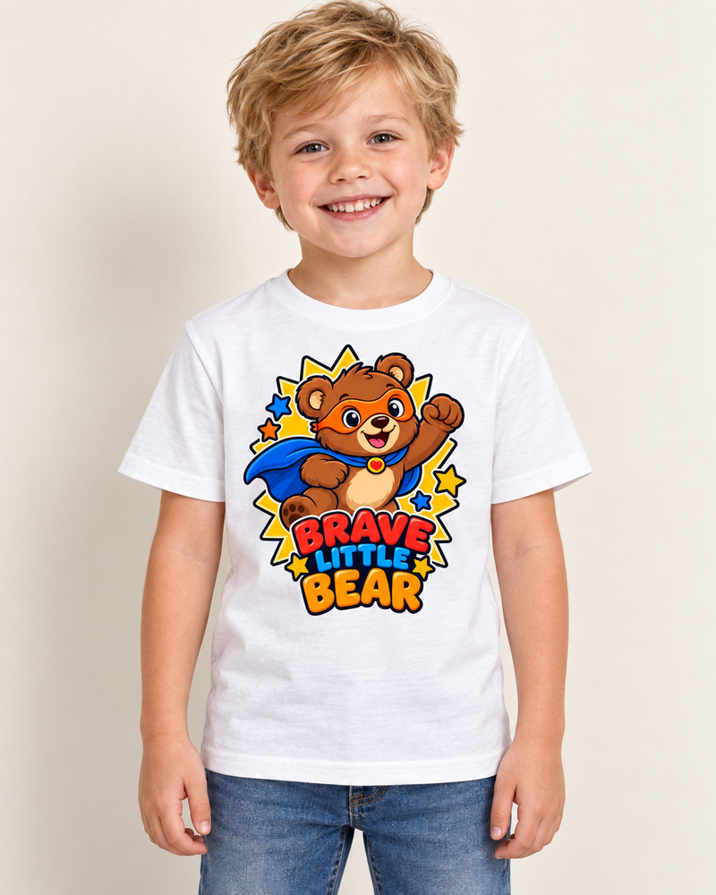 Brave Little Bear kids cotton T-shirt in White, child model preview