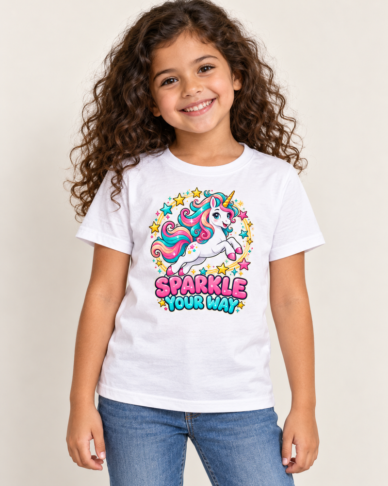 Unicorn Stargazer kids cotton T-shirt in White, child model preview