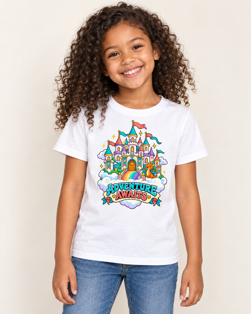 Castle in the Clouds kids T-shirt White model preview — ADVENTURE AWAITS
