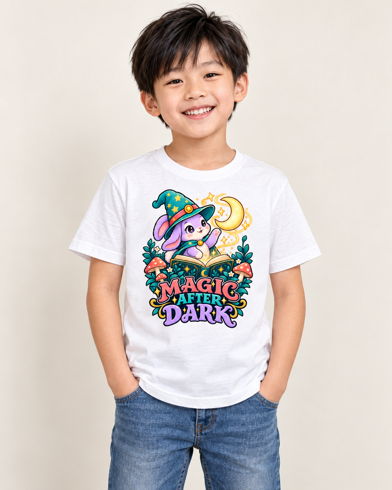 Moon Bunny kids T-shirt White model preview — MAGIC AFTER DARK