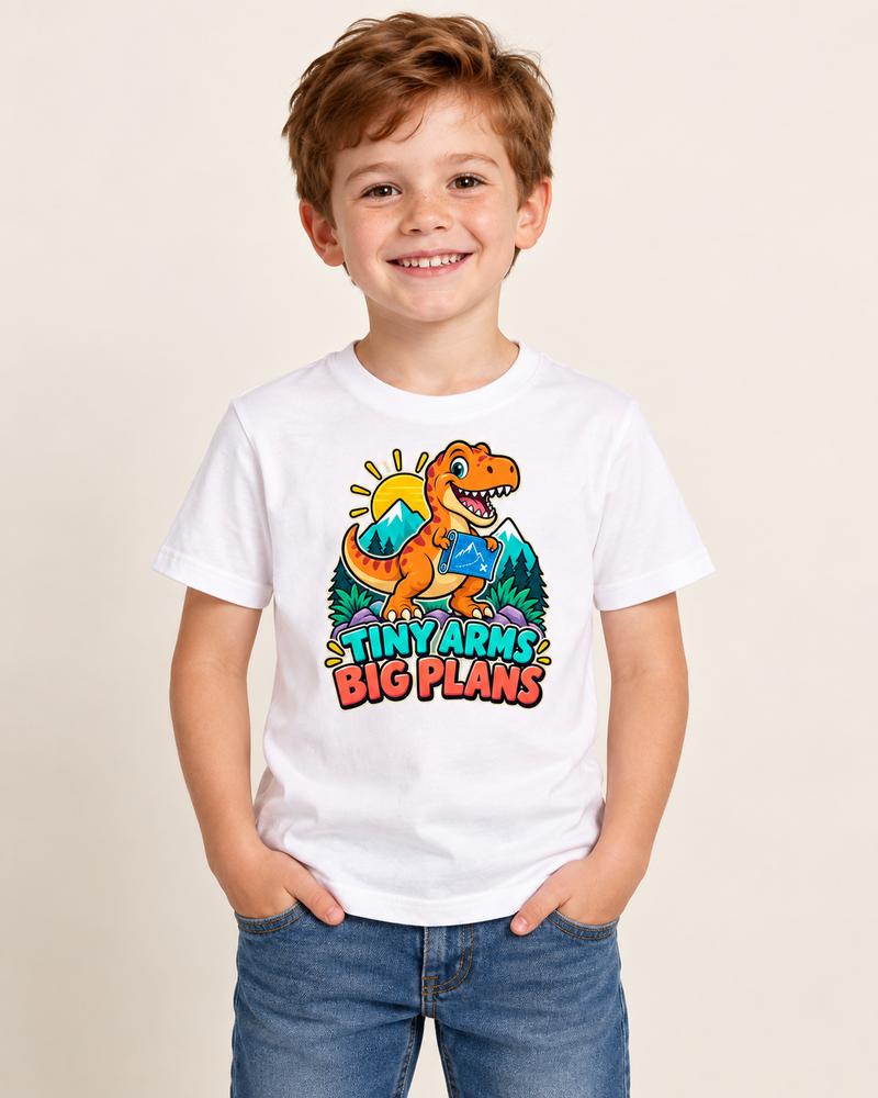 Tiny T Rex kids T-shirt White model preview — TINY ARMS BIG PLANS
