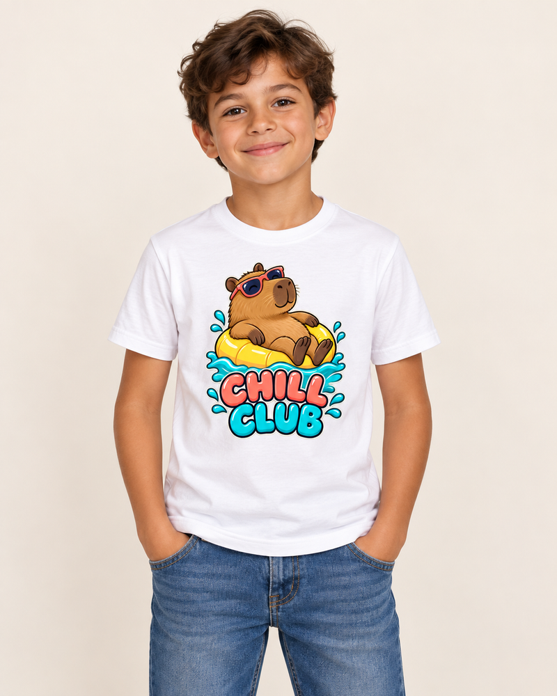 Capybara Chill kids T-shirt White model preview — CHILL CLUB