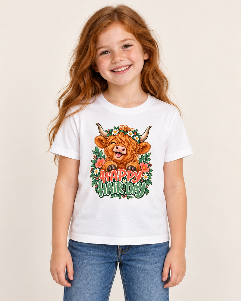 Happy Highland kids T-shirt White model preview — HAPPY HAIR DAY