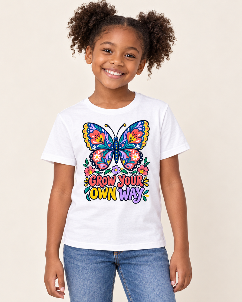 Butterfly Bloom kids T-shirt White model preview — GROW YOUR OWN WAY