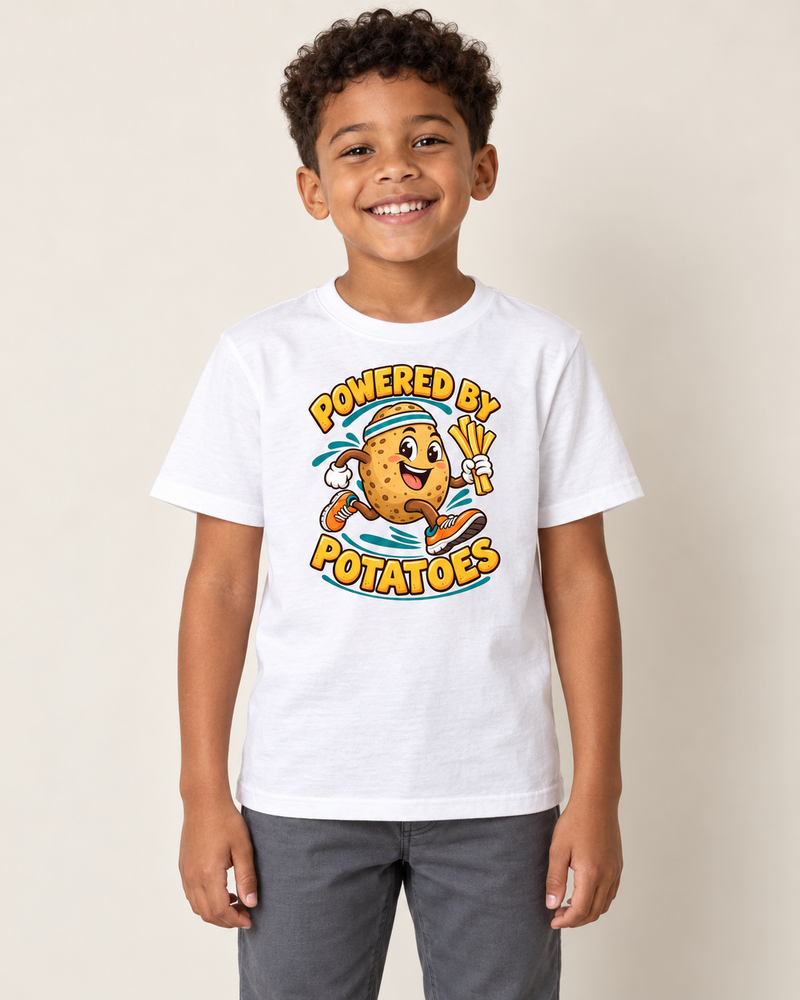 Child wearing Potato Power graphic T-shirt in White