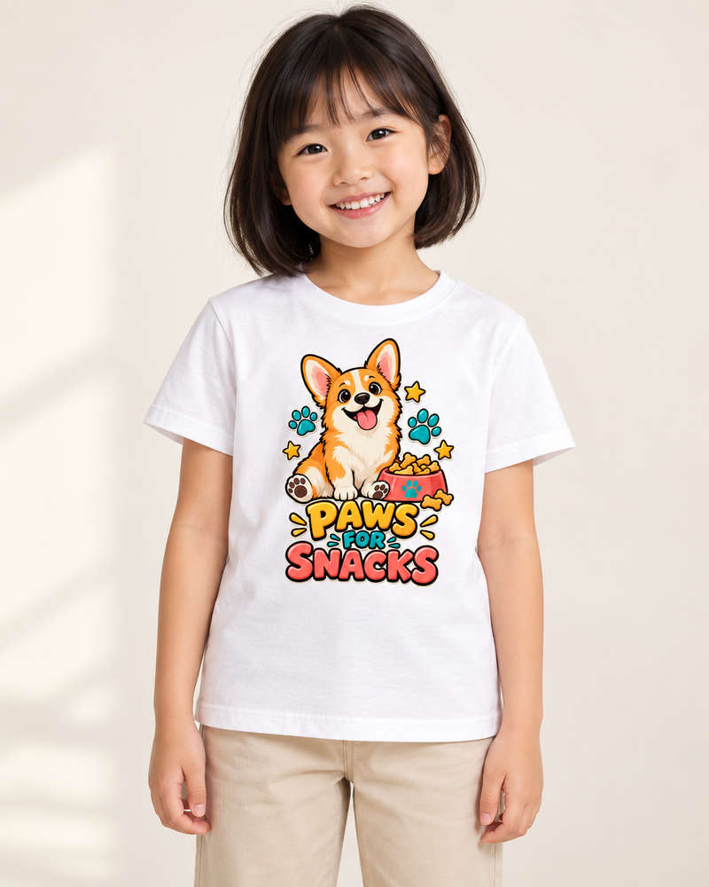 Child wearing Paws for Snacks kids graphic T-shirt in White