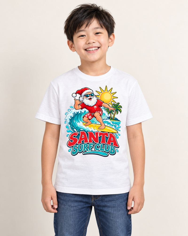 Surfing Santa kids T-shirt in White, model preview
