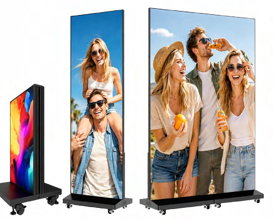 LED poster shown folded, upright and joined as a larger display