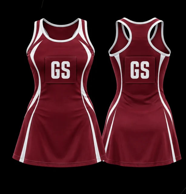 Maroon Elite — Sleeveless netball dress — Front + back concept
