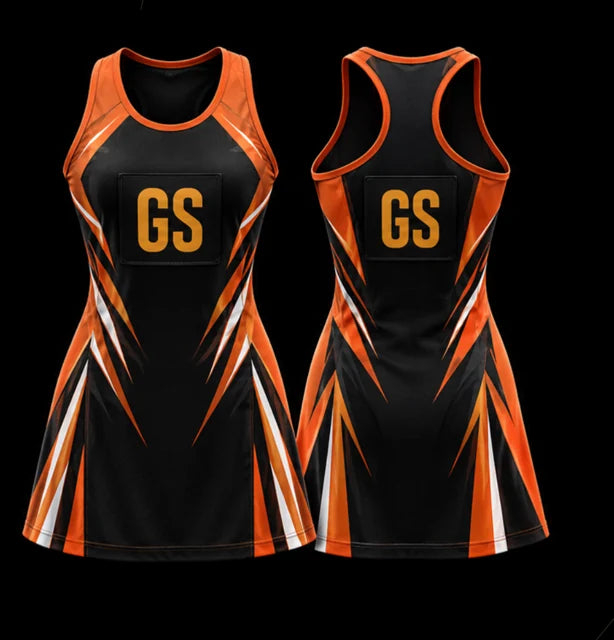 Sunset Blaze — Sleeveless netball dress — Front + back concept