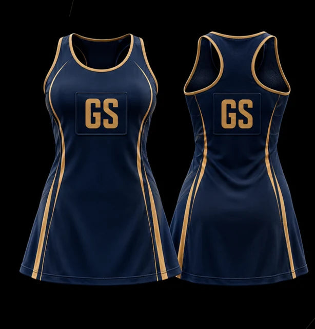 Navy Legacy — Sleeveless netball dress — Front + back concept