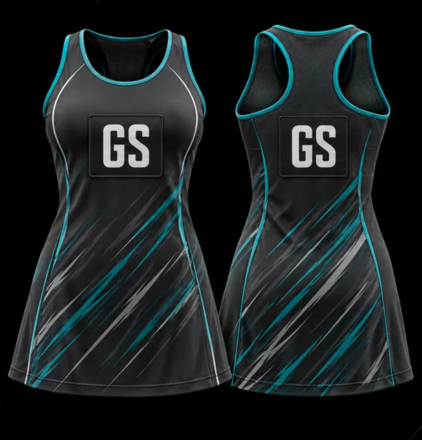 Graphite Velocity — Sleeveless netball dress — Front + back concept