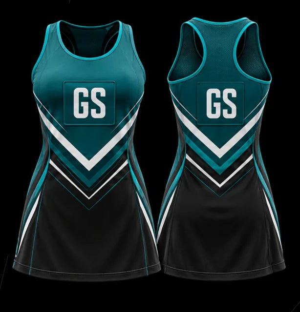 Teal Ascent — Sleeveless netball dress — Front + back concept