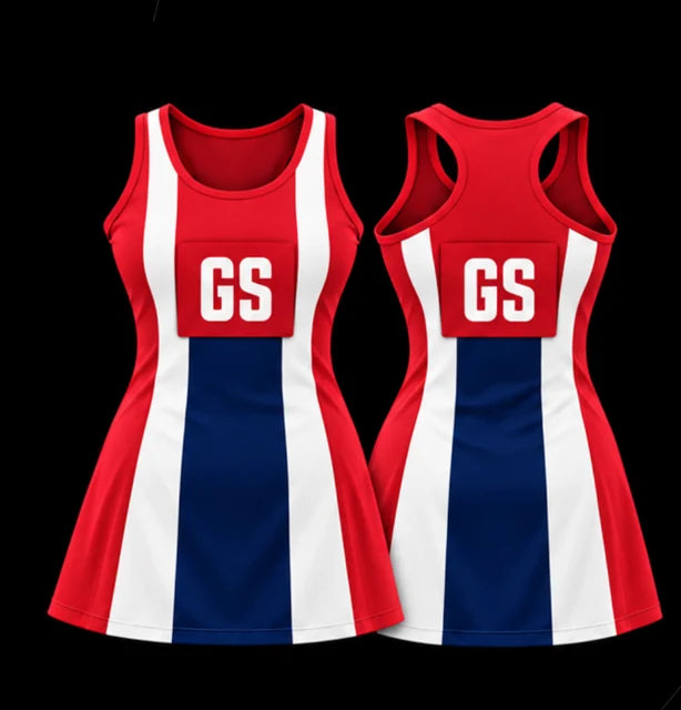 Scarlet Stripe — Sleeveless netball dress — Front + back concept