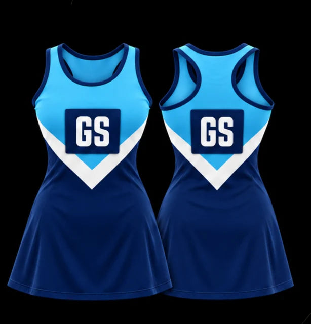 Midnight V — Sleeveless netball dress — Front + back concept