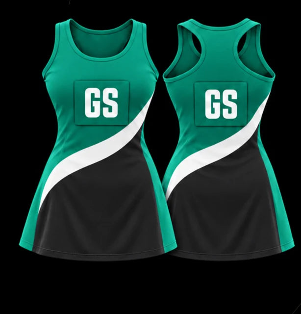 Jade Sweep — Sleeveless netball dress — Front + back concept
