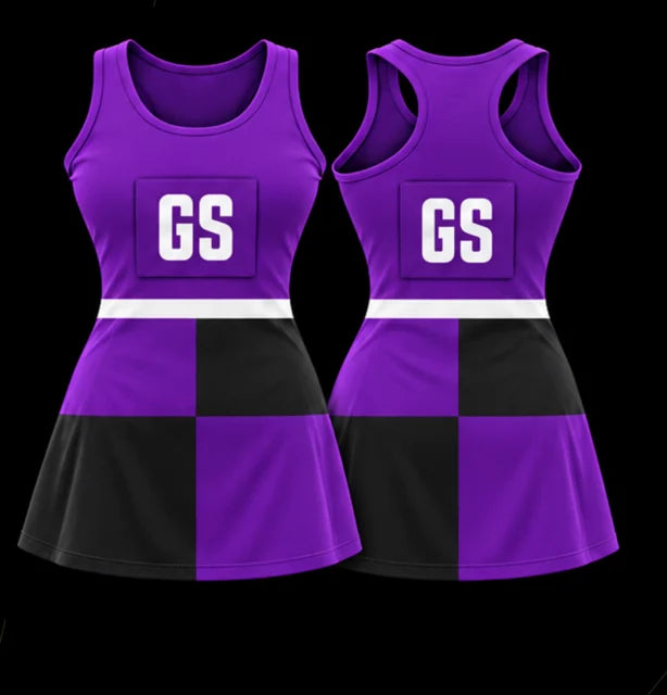 Purple Quarter — Sleeveless netball dress — Front + back concept