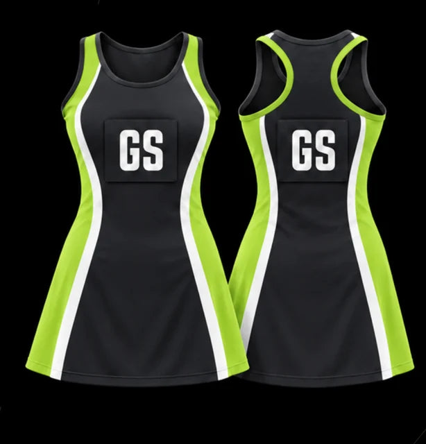 Lime Contrast — Sleeveless netball dress — Front + back concept