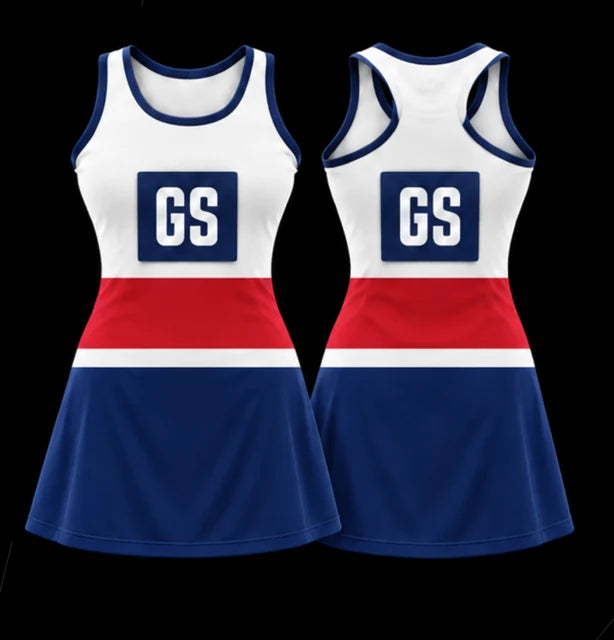 Crimson Crossbar — Sleeveless netball dress — Front + back concept