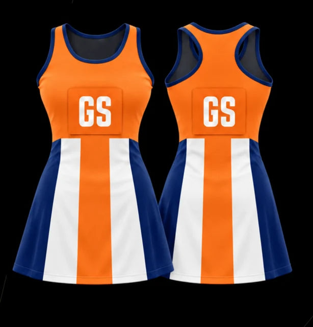 Sunrise Stripe — Sleeveless netball dress — Front + back concept
