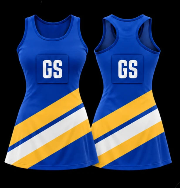 Sapphire Sash — Sleeveless netball dress — Front + back concept