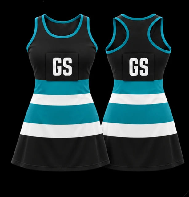 Terrace Hoops — Sleeveless netball dress — Front + back concept