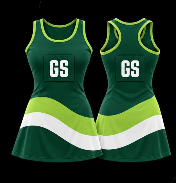 Meadow Wave — Sleeveless netball dress — Front + back concept