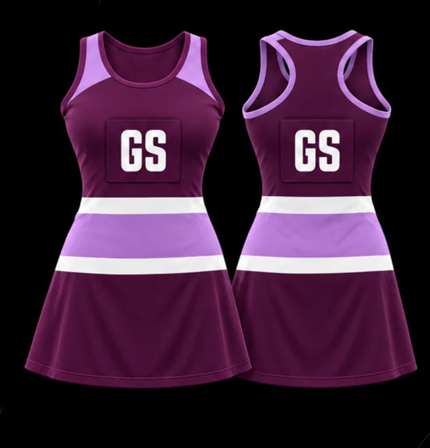 Grape Band — Sleeveless netball dress — Front + back concept